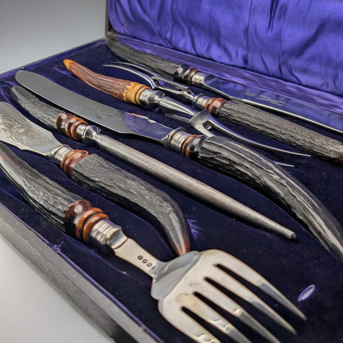 1898年 英国アンティーク アントラーハンドル サービングカトラリー7点セット ケース入 William Beatson & Sons